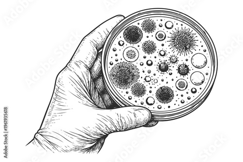 A detailed hand drawn illustration of a gloved hand holding a petri dish filled with bacteria Vector