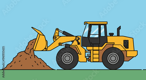 Yellow construction loader moving brown soil.