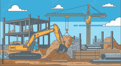 Yellow excavator at construction site digging.