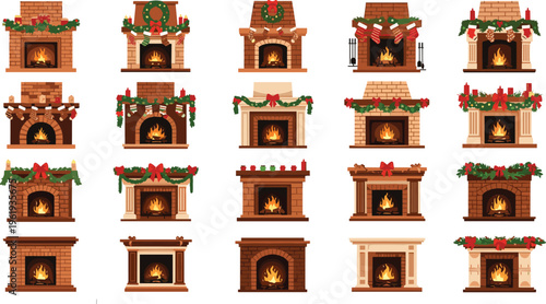Christmas fireplaces collection with decorated mantels, garlands and burning fire, cozy winter home interior set for holiday design and festive vector illustration