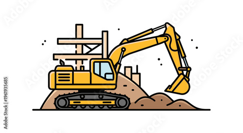 Yellow excavator digging into a pile.