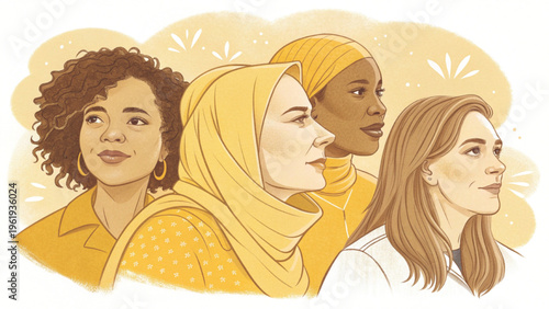 Group of multicultural women colored pencil illustration style background