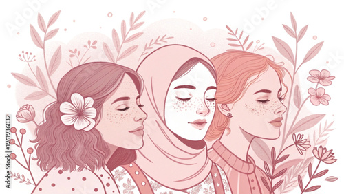 Group of multicultural women colored pencil illustration style background