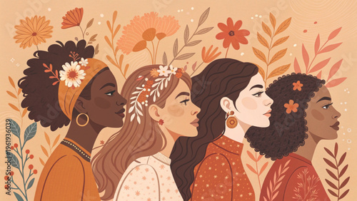 Group of multicultural women colored pencil illustration style background