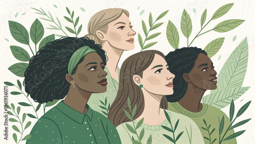 Group of multicultural women colored pencil illustration style background