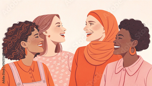 Group of multicultural women colored pencil illustration style background