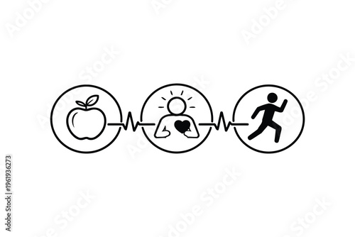 A minimalist graphic design showing a healthy lifestyle through diet, heart health and exercise Vector