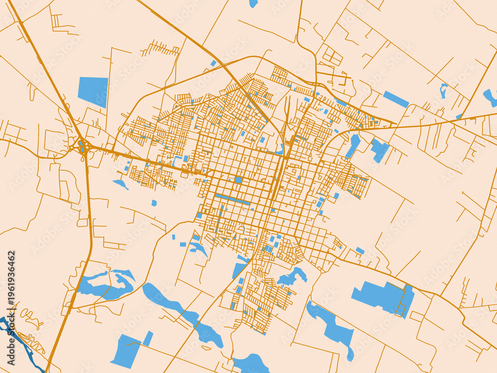Fototapeta premium Urban map poster of Linares, Chile – golden linework with blue water