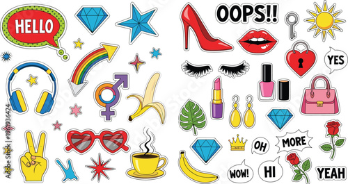 Cartoon Sticker Set Featuring Fun Icons, Phrases, and Accessories for Trendy Designs and Crafts