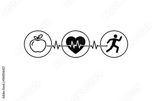 A minimalist graphic design showing the connection between healthy eating, heart health and fitness Vector