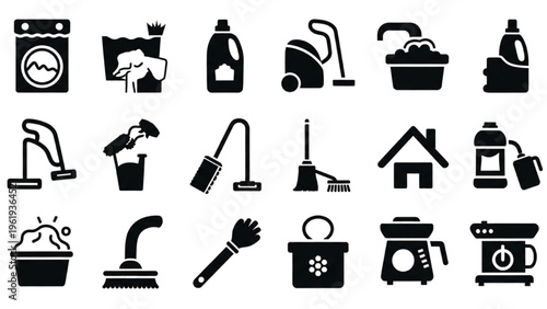 Vector Icon Sheet of Various Cleaning Tools and Household Appliances
