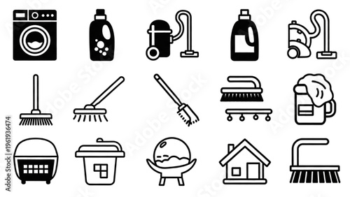 Vector Icon Sheet of Various Cleaning Tools and Household Items