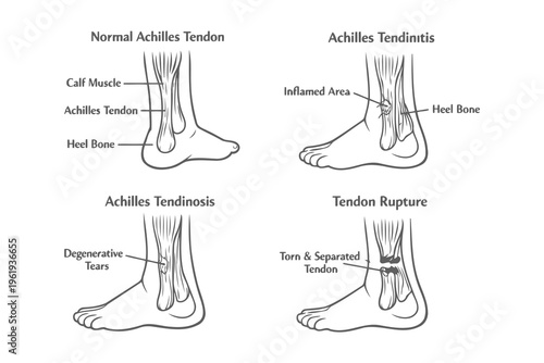 A medical illustration comparing a normal achilles tendon with three types of tendon pathology Vector