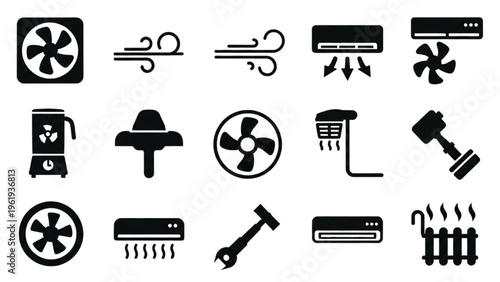 Vector Icon Sheet of Various Air Conditioning and HVAC Tools and Symbols