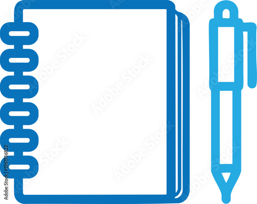 Notebook and Pen: A clean, sleek depiction of a spiral-bound notebook and a pen, rendered in a striking blue hue, hinting at possibilities for creativity, note-taking, and documentation.