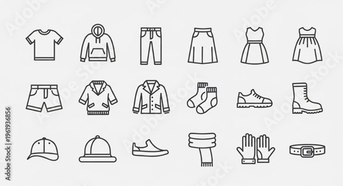 Clothing Icons - T-shirt, Hoodie, Jeans, Skirt, Dress, Shorts, Jacket, Socks, Shoes, Boots, Hat, Scarf, Gloves, Belt.