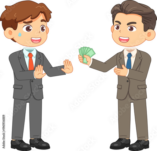 Man in suit refuses bribe money offered by another businessman
