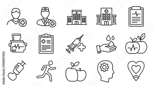 Vector icon sheet of medical professionals and health symbols
