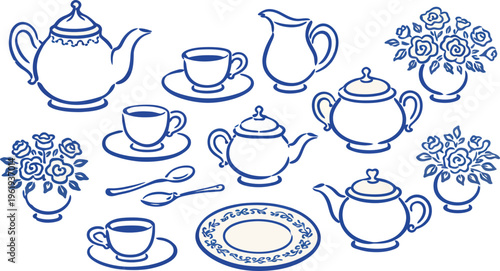 herbal tea , realistic line art vector set , white background , PNG and SVG isolate
