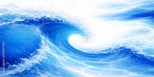 A stunning abstract blue wave background captures the summer sunlight reflecting off the sea and ocean horizon under a bright sky with white clouds