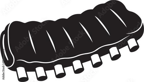 Graphic illustration of a sausage on a plate with seven skewers on transparent background