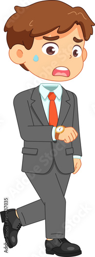 Worried businessman checking his watch, stressed about being late for an appointment