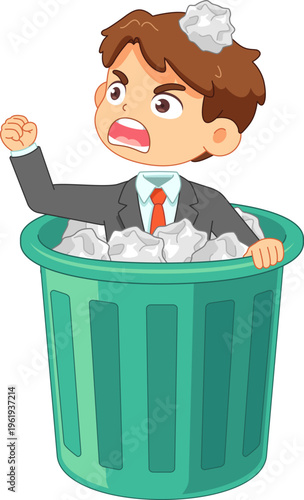 Frustrated businessman stuck in a trash can filled with crumpled paper
