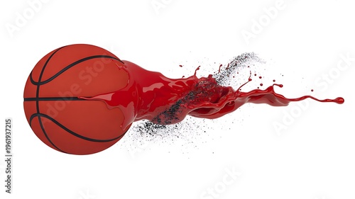 Basketball with dynamic red paint splash isolated on white background representing sports energy motion and creative design concept