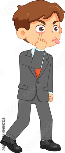 Cartoon businessman making a silly face with his tongue sticking out and finger in eye
