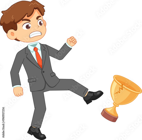 Angry businessman kicking a broken trophy in frustration and failure