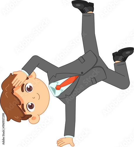 Cartoon businessman in a suit doing a handstand with a smile