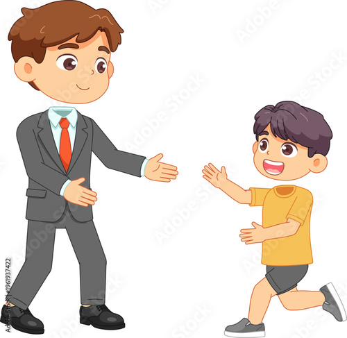 Father and son happily reuniting with open arms and smiles