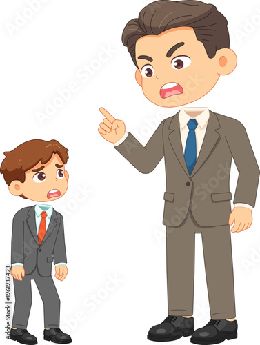 Angry boss scolding a scared employee, showing a power imbalance in the workplace