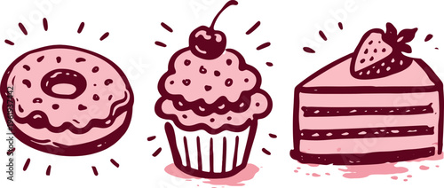 Hand-drawn blue line art icons of desserts like cake, cupcake, donut, and cookie on a peach background. Whimsical doodle food illustrations.
