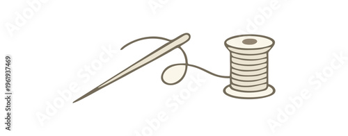 A simple illustration of a sewing needle with thread looped through its eye, connected to a spool of beige thread, on a white background.