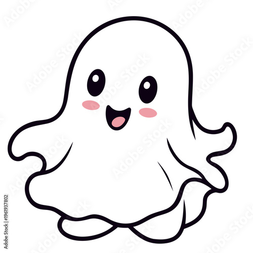 A cute cartoon ghost with a smiling face and rosy cheeks in a minimalist vector illustration
