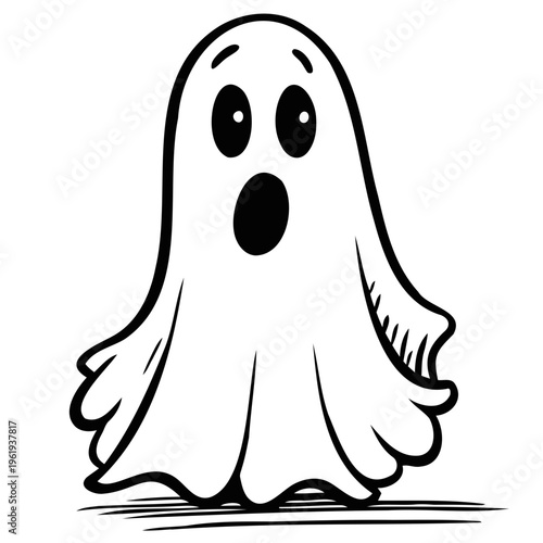 A cute cartoon ghost with a surprised expression in a minimalist black and white illustration