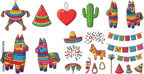 Cinco de Mayo festive elements set with piñatas, cactus, sombrero, garlands and confetti, colorful Mexican holiday decoration collection vector illustration for party design