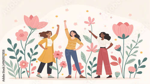 Minimal flat illustration showing diverse women celebrating femininity with flowers background