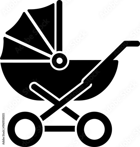 Baby stroller icon, silhouette of a vintage pram for infant transport, representing parenting, childhood, and family journeys, simple vector graphic, outdoor activity