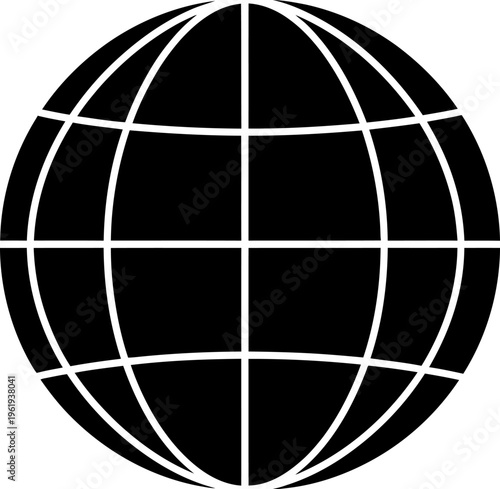 Black silhouette of a globe with latitude and longitude lines, representing the world, global connections, and the internet. simple icon for international concepts and geography