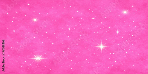 Abstract pink Christmas background featuring a festive winter pattern of glittering stars and snowflakes with soft bokeh light for a celebratory New Year holiday card design illustration