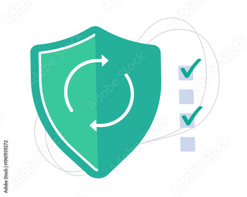 Security shield protection update examination audit icon vector concept, cybersecurity safety checklist system standards control graphic doodle drawn, network access vulnerability malware risk exam
