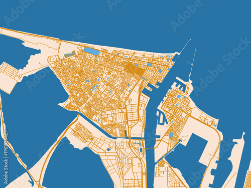 Vászonkép Minimal city map of Port Said, Egypt with golden linework with blue water