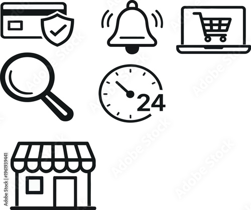 Business and finance shopping icons set with cart, bag, money, and e commerce symbols for web and market design