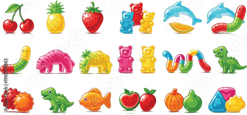 Colorful gummy candy set with fruits, bears, worms and jelly shapes, sweet dessert collection vector illustration for kids packaging, menu and playful design