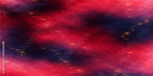 Dramatic abstract space background featuring a dark blue stormy cloudscape with starlight and sunset colors over a summer nature horizon