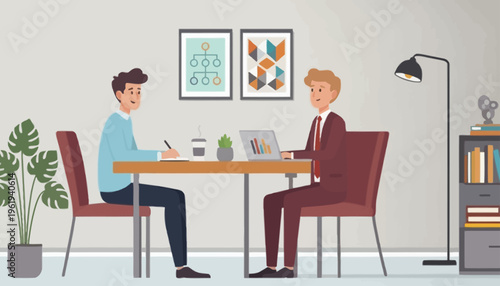 Professional business meeting or job interview between two men in a modern office setting, discussing career opportunities or project collaboration