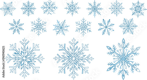 Snowflake illustration set, winter decorative icons with diverse geometric patterns representing cold season and festive theme - flat vector illustration