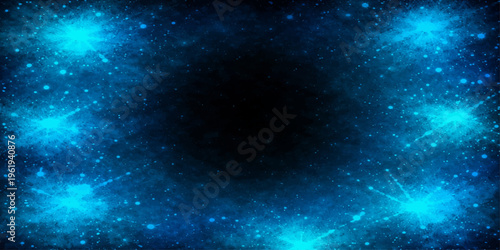 An abstract deep blue night sky background features a bright starry nebula field and distant galaxy constellations across the dark outer space cosmos
